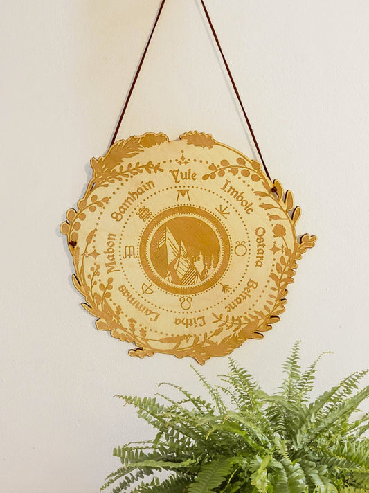 Wheel of the Year, Wooden Mountain Scape, Pagan Calendar, Calendar Board, Magical Calendar