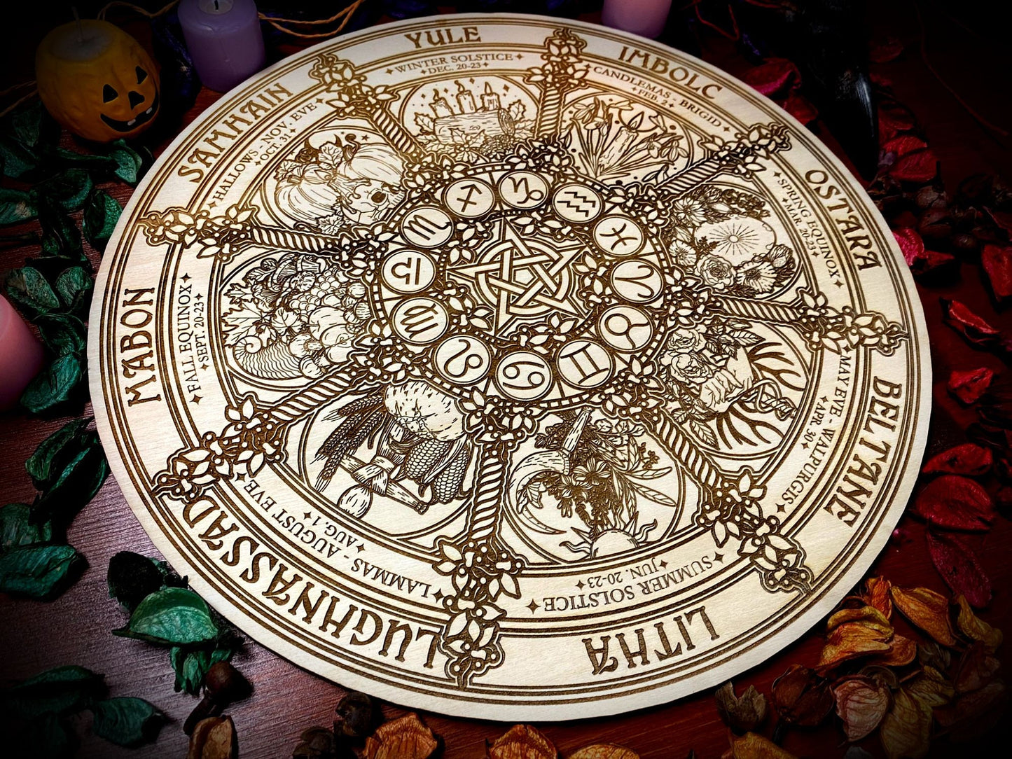 Wheel of the Year engraved on poplar wood "Natural" version - wicca wiccan witch magic witchcraft wood pyrography pagan symbolism paganism