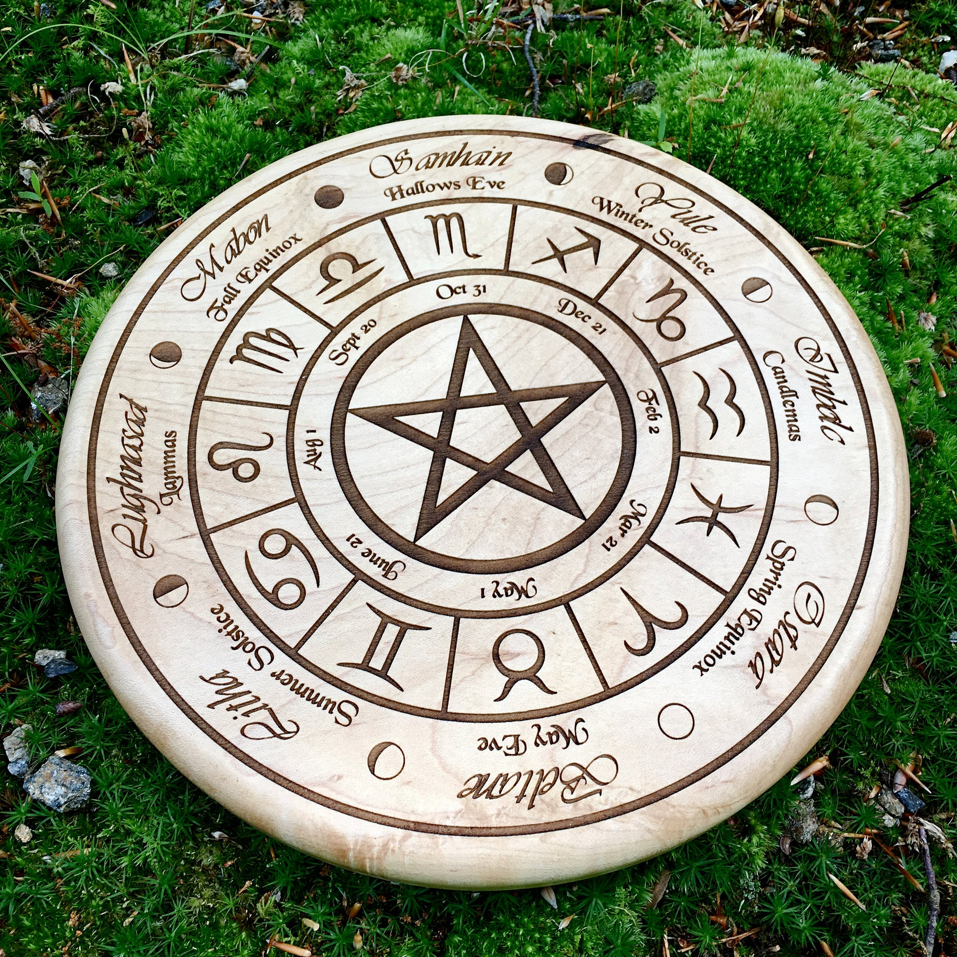 Wheel Of The Year, Engraved Solid Maple Alter Wheel / Wall Art