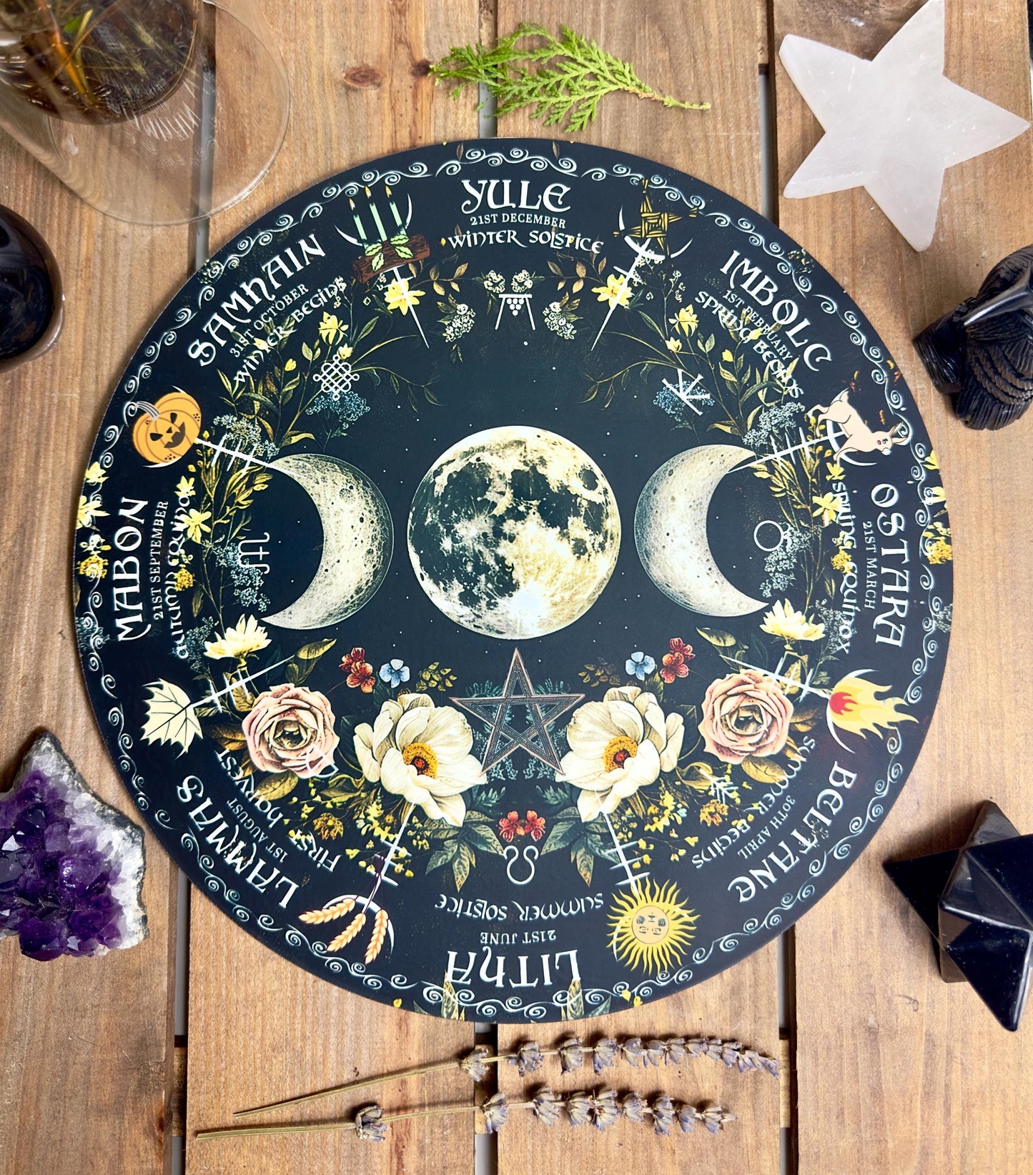 Triple moon | Wheel of the year board | Wiccan | witch Pagan Calendar | Northern + Southern Hemisphere options | Locally made 30cm/11.8inch