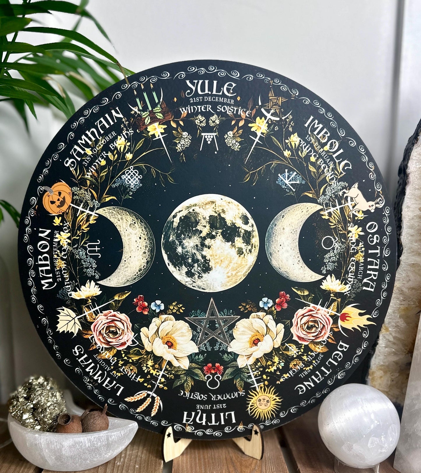 Triple moon | Wheel of the year board | Wiccan | witch Pagan Calendar | Northern + Southern Hemisphere options | Locally made 30cm/11.8inch