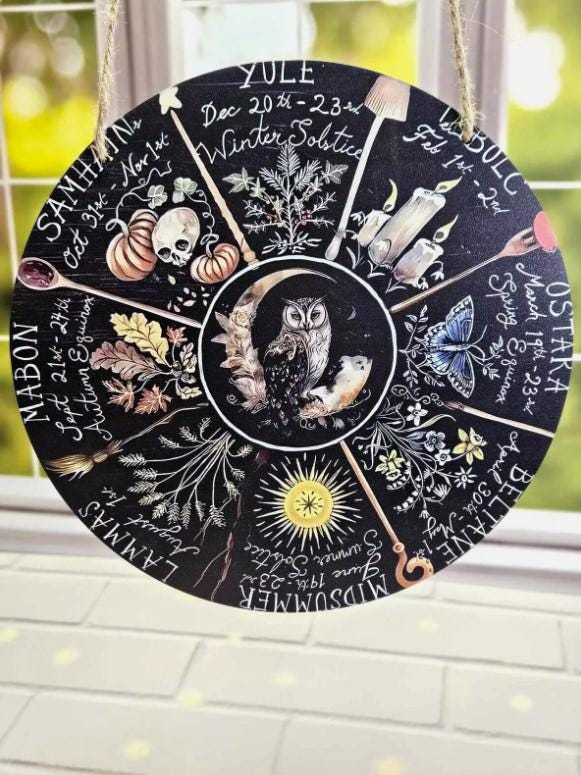 Wooden Wiccan Sabbats Wheel with Zodiac Signs Wheel of the Year