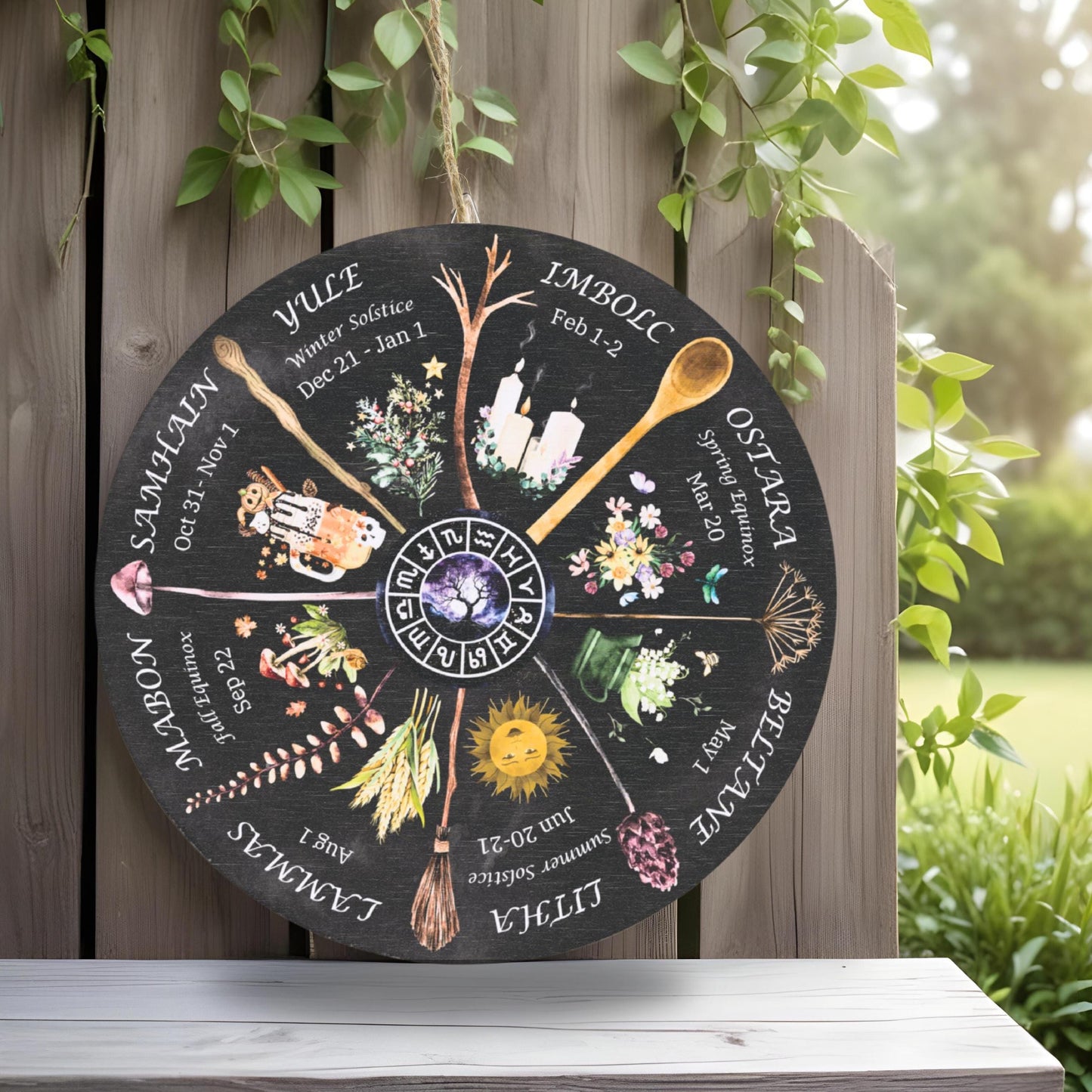 Wheel of the Year Round Wood Sign, Witchy Boho Whimsigoth Decor, Pagan Wiccan Sabbats Calendar, Gifts for Grimoire, Astrology Lovers.