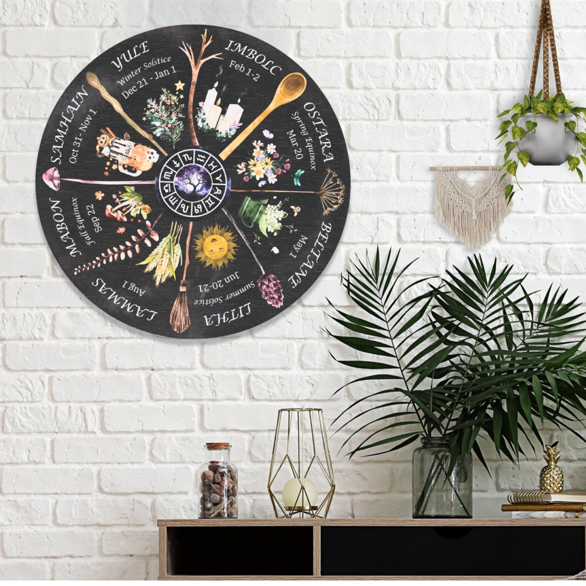 Wheel of the Year Round Wood Sign, Witchy Boho Whimsigoth Decor, Pagan Wiccan Sabbats Calendar, Gifts for Grimoire, Astrology Lovers.