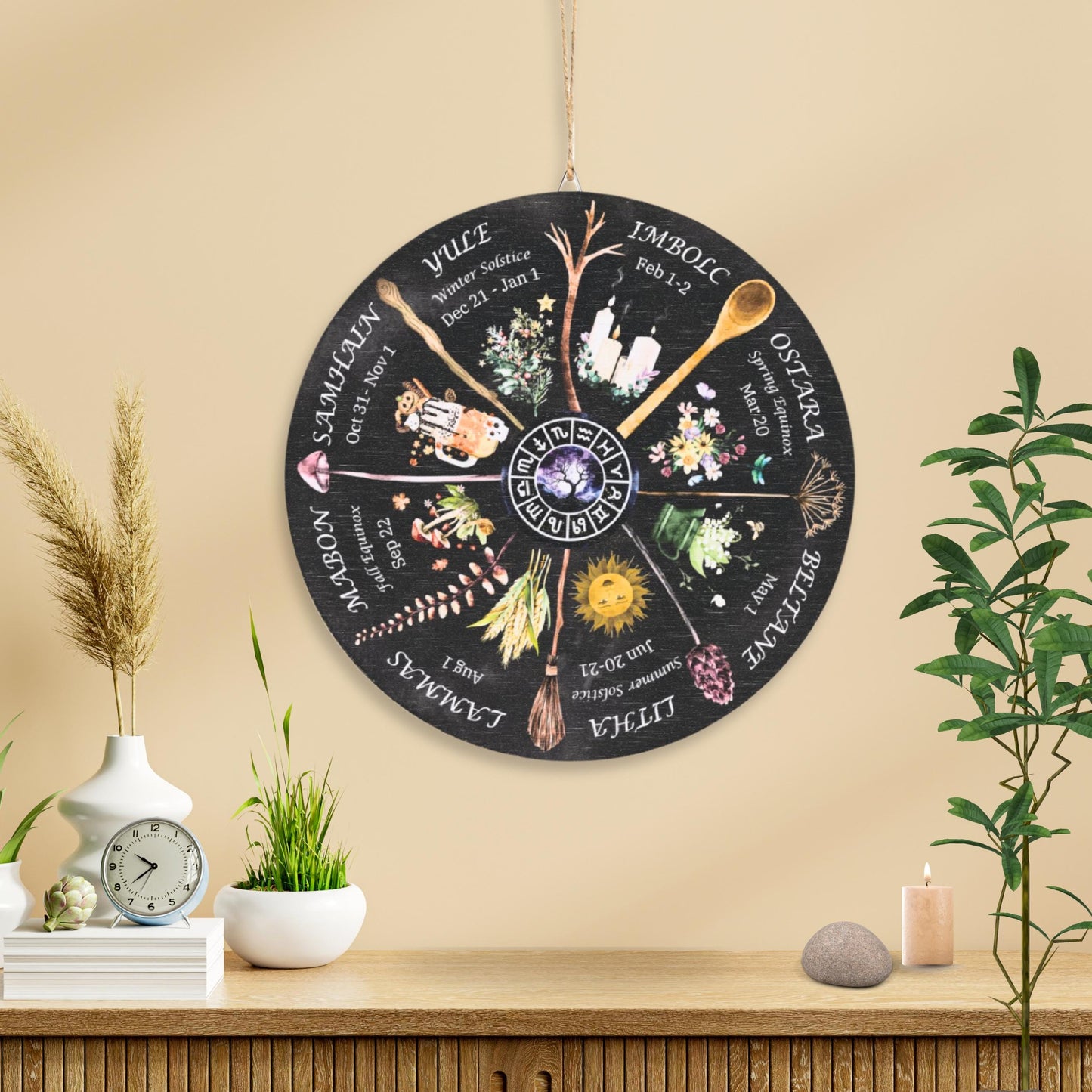 Wheel of the Year Round Wood Sign, Witchy Boho Whimsigoth Decor, Pagan Wiccan Sabbats Calendar, Gifts for Grimoire, Astrology Lovers.