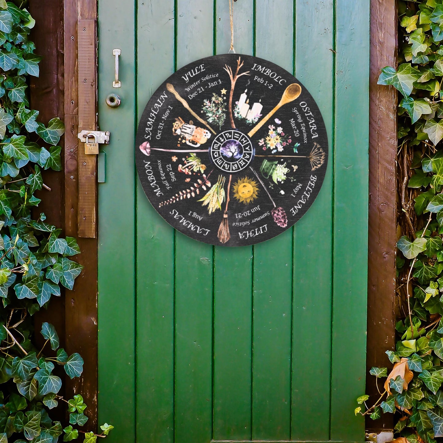 Wheel of the Year Round Wood Sign, Witchy Boho Whimsigoth Decor, Pagan Wiccan Sabbats Calendar, Gifts for Grimoire, Astrology Lovers.