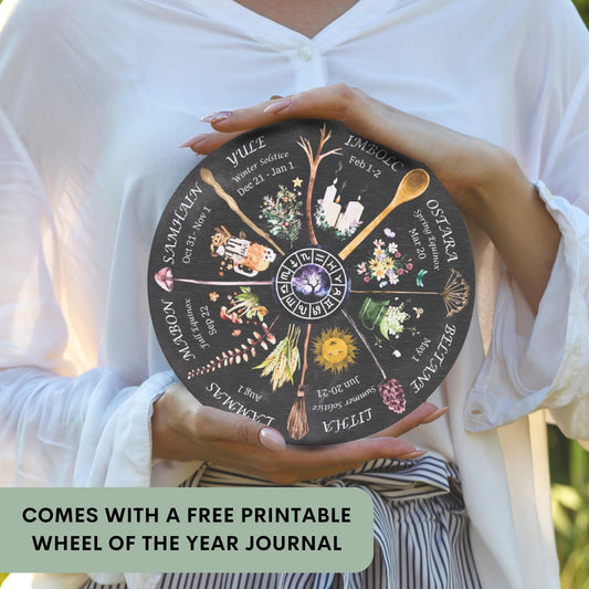 Wheel of the Year Round Wood Sign, Witchy Boho Whimsigoth Decor, Pagan Wiccan Sabbats Calendar, Gifts for Grimoire, Astrology Lovers.