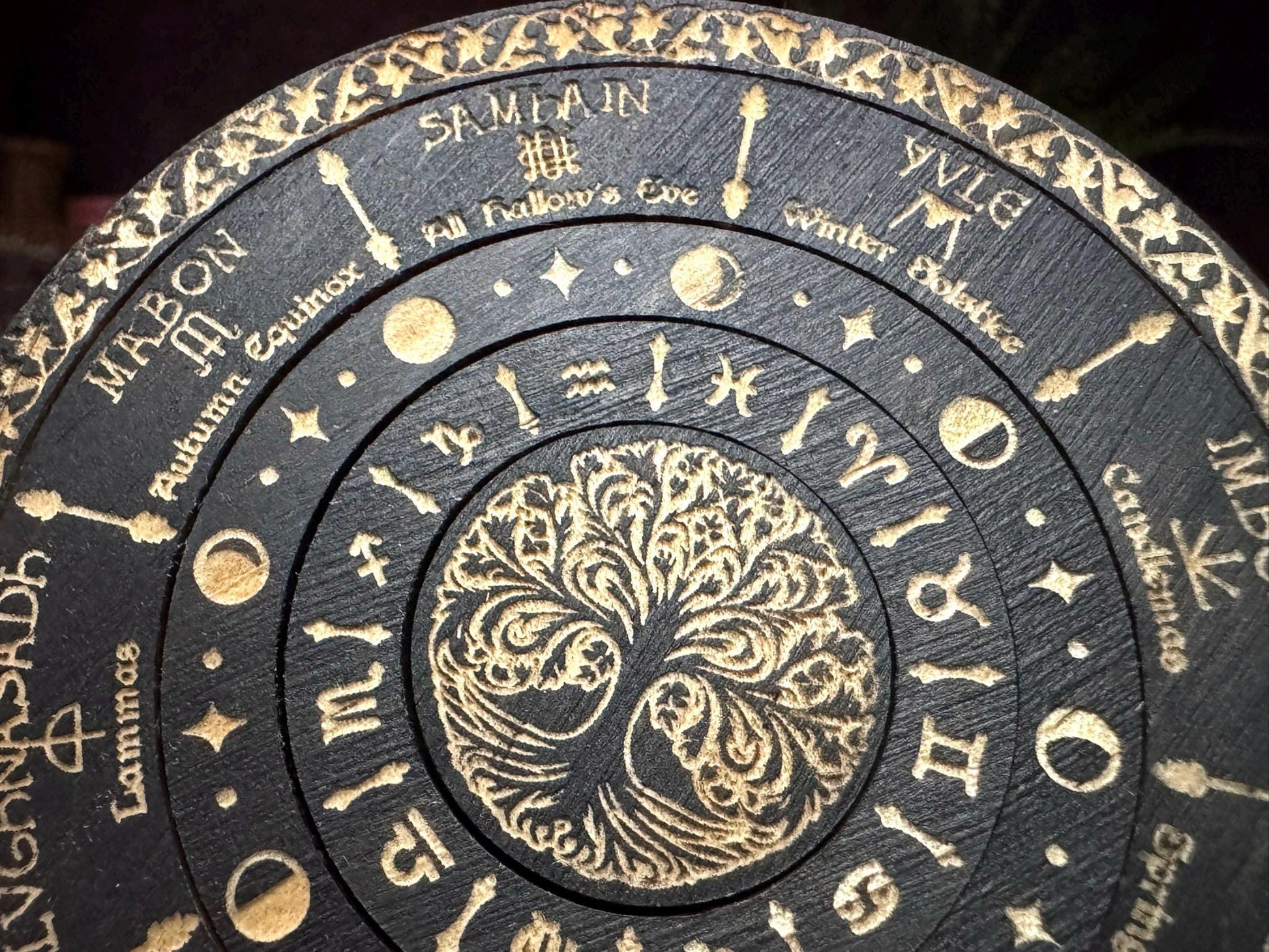 Wheel of the Year engraved rotating solid wood mini Pagan Wicca annual seasonal festivals sabbats, moon phases & zodiac signs calendar